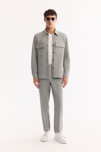 Gri Klasik Yaka Düz Pamuk/ Polyester Örme Kumaş Ceket Gömlek