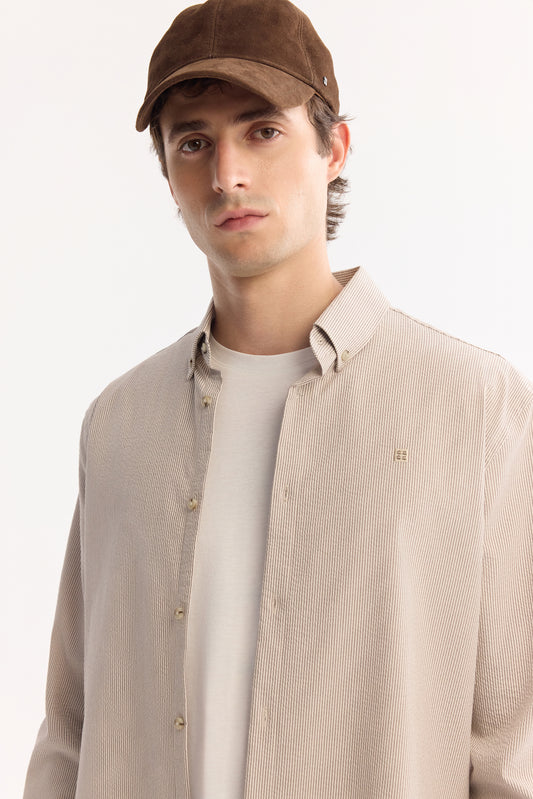 Bej Alttan Britli Gofreli Dokuma Kumaş Gömlek