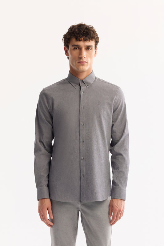 Gri Alttan Britli Gofreli Dokuma Kumaş Gömlek