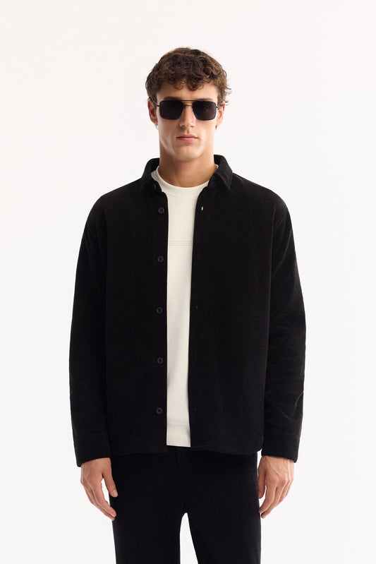 Siyah Klasik Yaka Kadife Polyester Örme Kumaş Gömlek