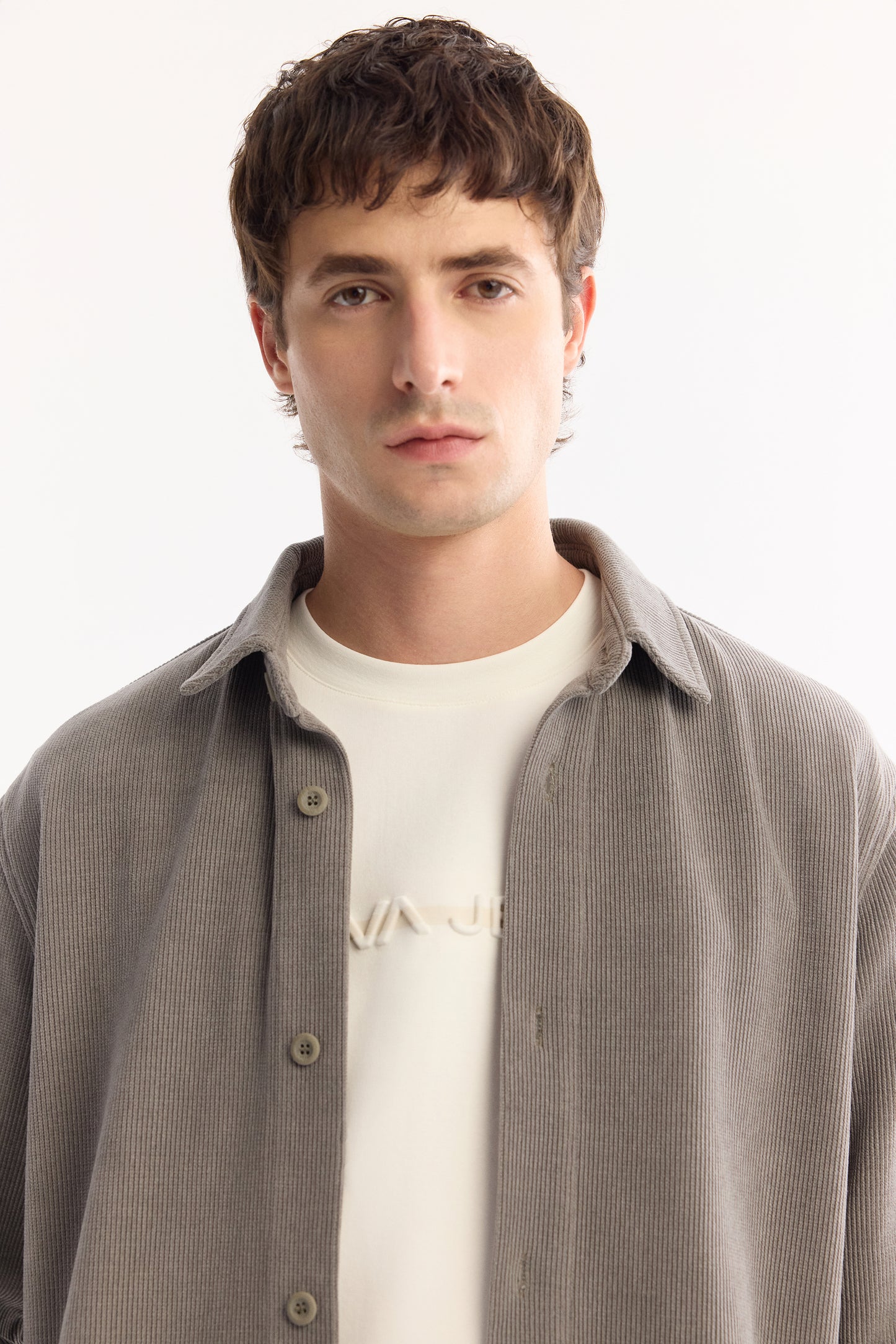 Gri Klasik Yaka Kadife Polyester Örme Kumaş Gömlek