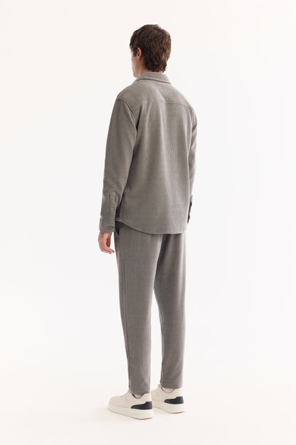 Gri Klasik Yaka Kadife Polyester Örme Kumaş Gömlek