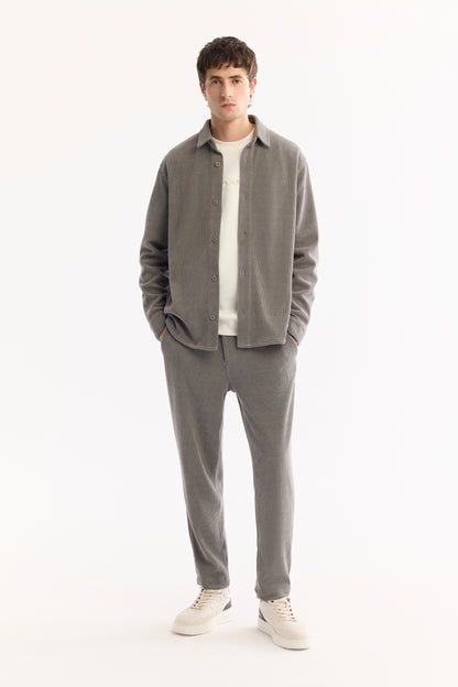 Gri Klasik Yaka Kadife Polyester Örme Kumaş Gömlek