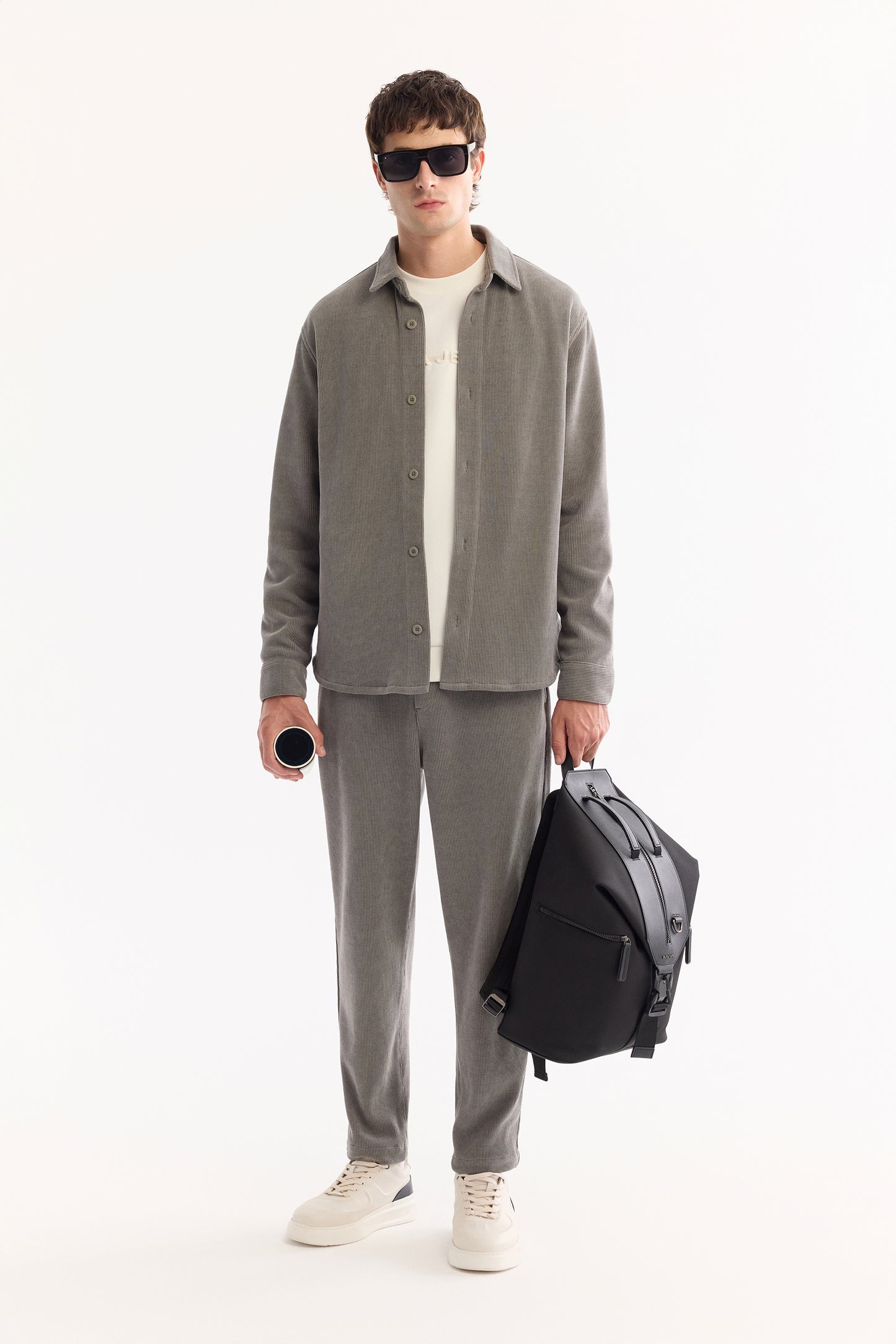 Gri Klasik Yaka Kadife Polyester Örme Kumaş Gömlek