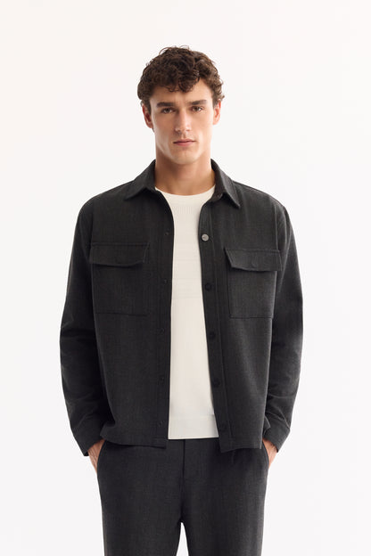 Antrasit Klasik Yaka Çizgili Polyviskon Örme Kumaş Gömlek