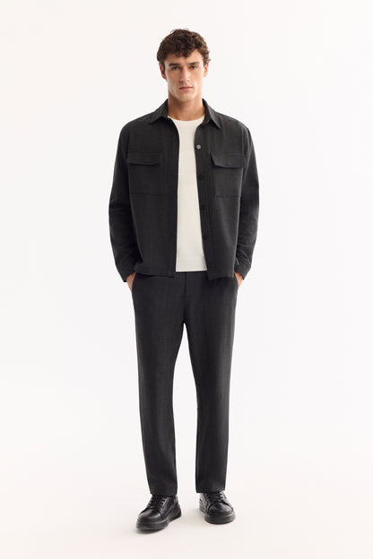 Antrasit Klasik Yaka Çizgili Polyviskon Örme Kumaş Gömlek