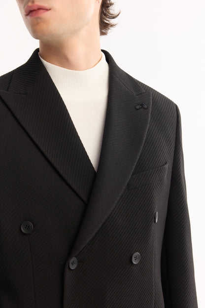 Siyah Kruvaze Gofreli Gofreli Dokuma Kumaş Ceket