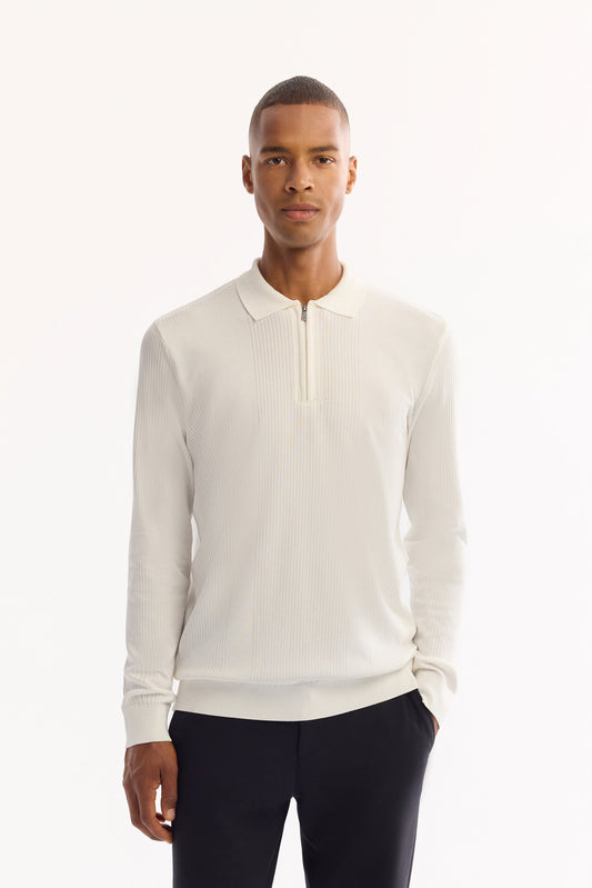 Ekru Fermuarlı Polo Yaka Ajurlu Rayon Iplik Kazak