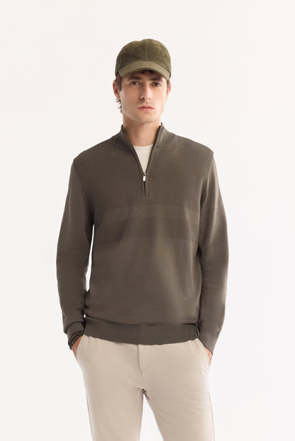 Haki Dik Yaka Fermuarlı Desenli Rayon Iplik Kazak