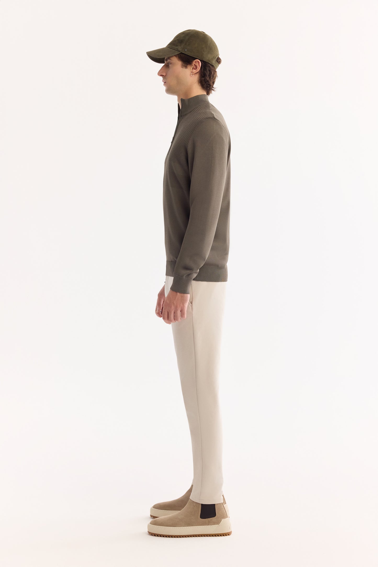 Haki Dik Yaka Fermuarlı Desenli Rayon Iplik Kazak