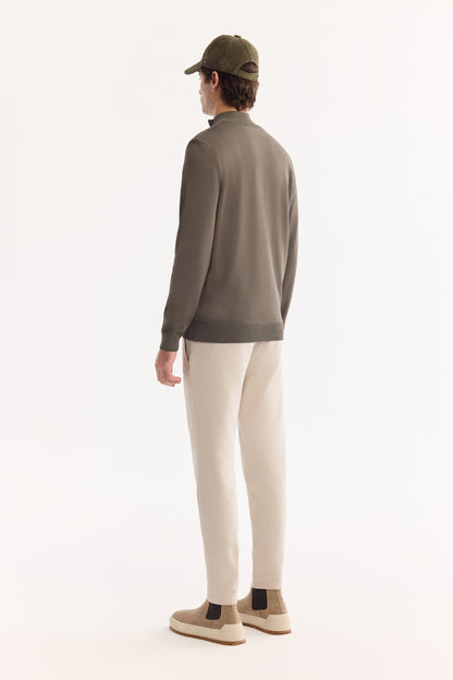 Haki Dik Yaka Fermuarlı Desenli Rayon Iplik Kazak