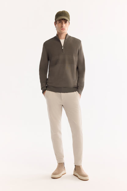 Haki Dik Yaka Fermuarlı Desenli Rayon Iplik Kazak