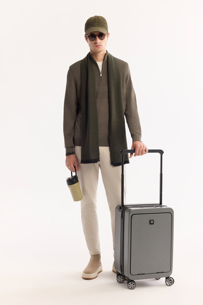 Haki Dik Yaka Fermuarlı Desenli Rayon Iplik Kazak