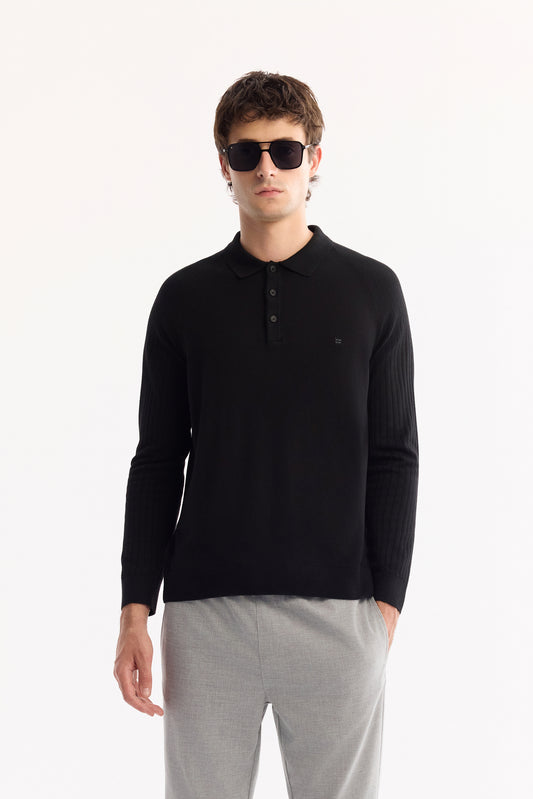 Siyah Polo Yaka Desenli Olimpus Iplik Kazak