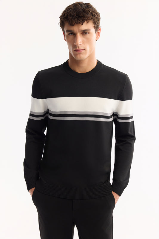 Siyah Bisiklet Yaka Blok Renkli Polyelit Iplik Kazak