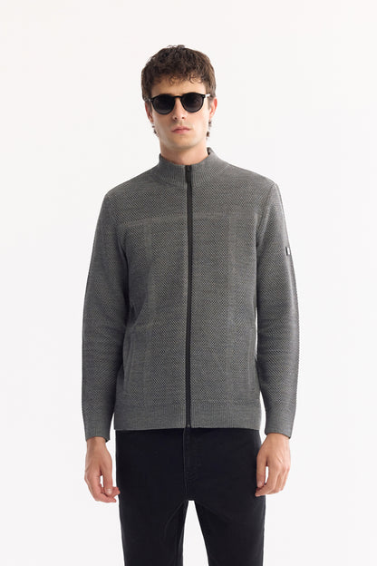 Antrasit Tam Fermuarlı Dik Yaka Petek Dokulu Yün/akrilik Iplik Hırka