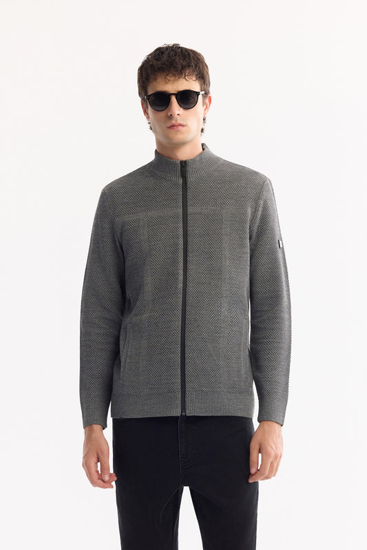 Antrasit Tam Fermuarlı Dik Yaka Petek Dokulu Yün/akrilik Iplik Hırka