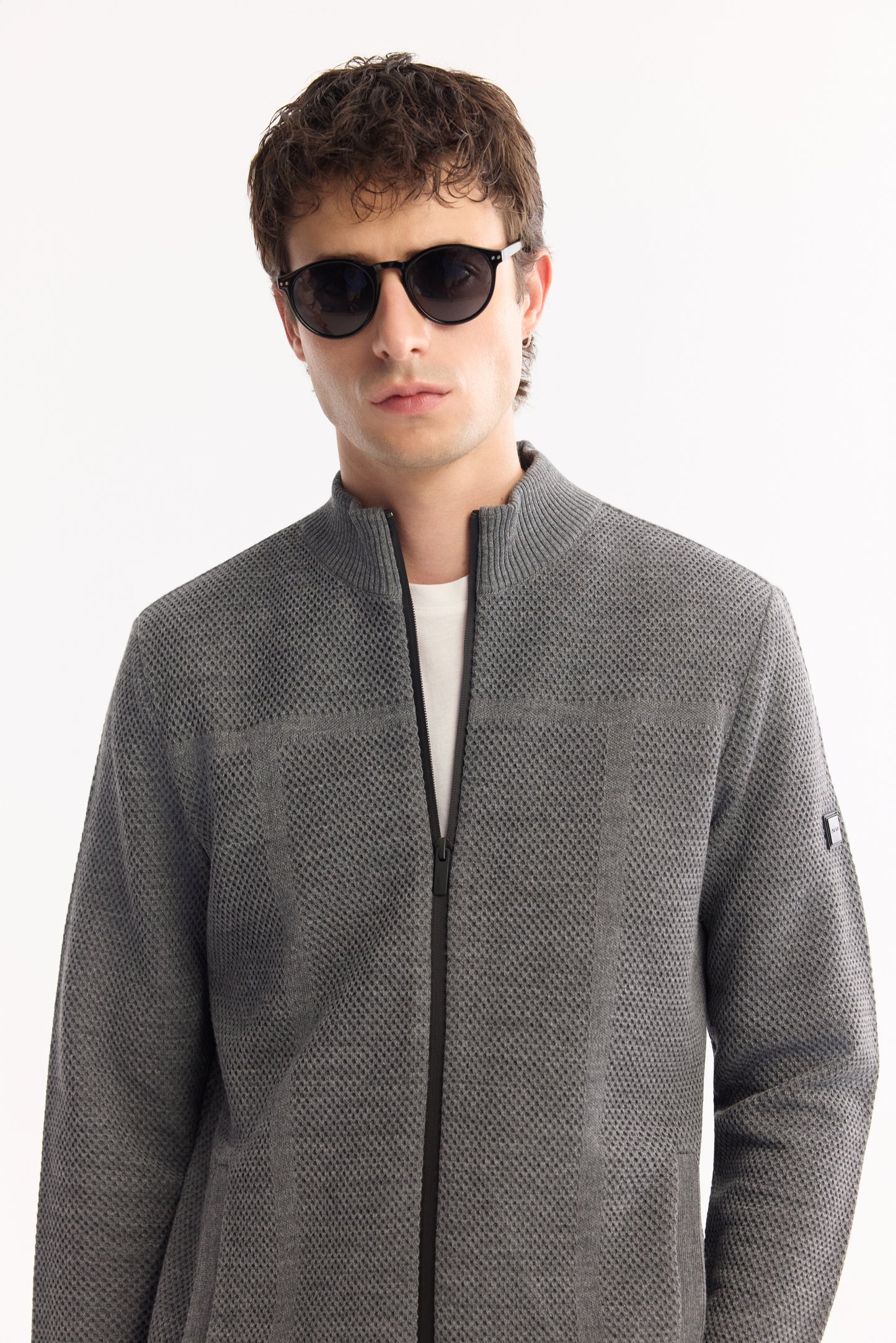 Antrasit Tam Fermuarlı Dik Yaka Petek Dokulu Yün/akrilik Iplik Hırka