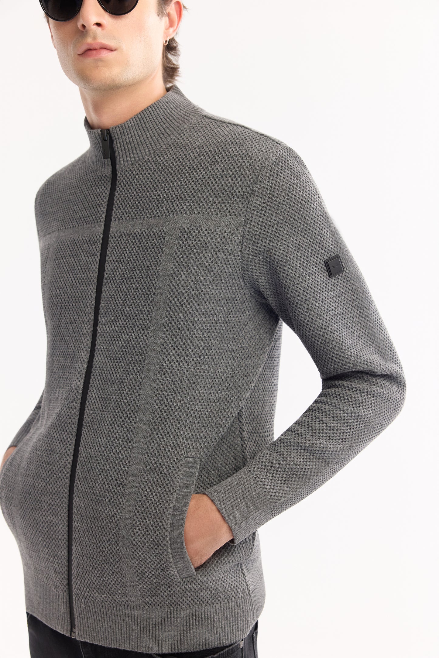 Antrasit Tam Fermuarlı Dik Yaka Petek Dokulu Yün/akrilik Iplik Hırka