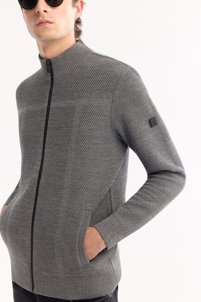 Antrasit Tam Fermuarlı Dik Yaka Petek Dokulu Yün/akrilik Iplik Hırka
