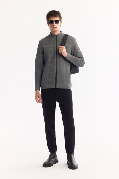 Antrasit Tam Fermuarlı Dik Yaka Petek Dokulu Yün/akrilik Iplik Hırka