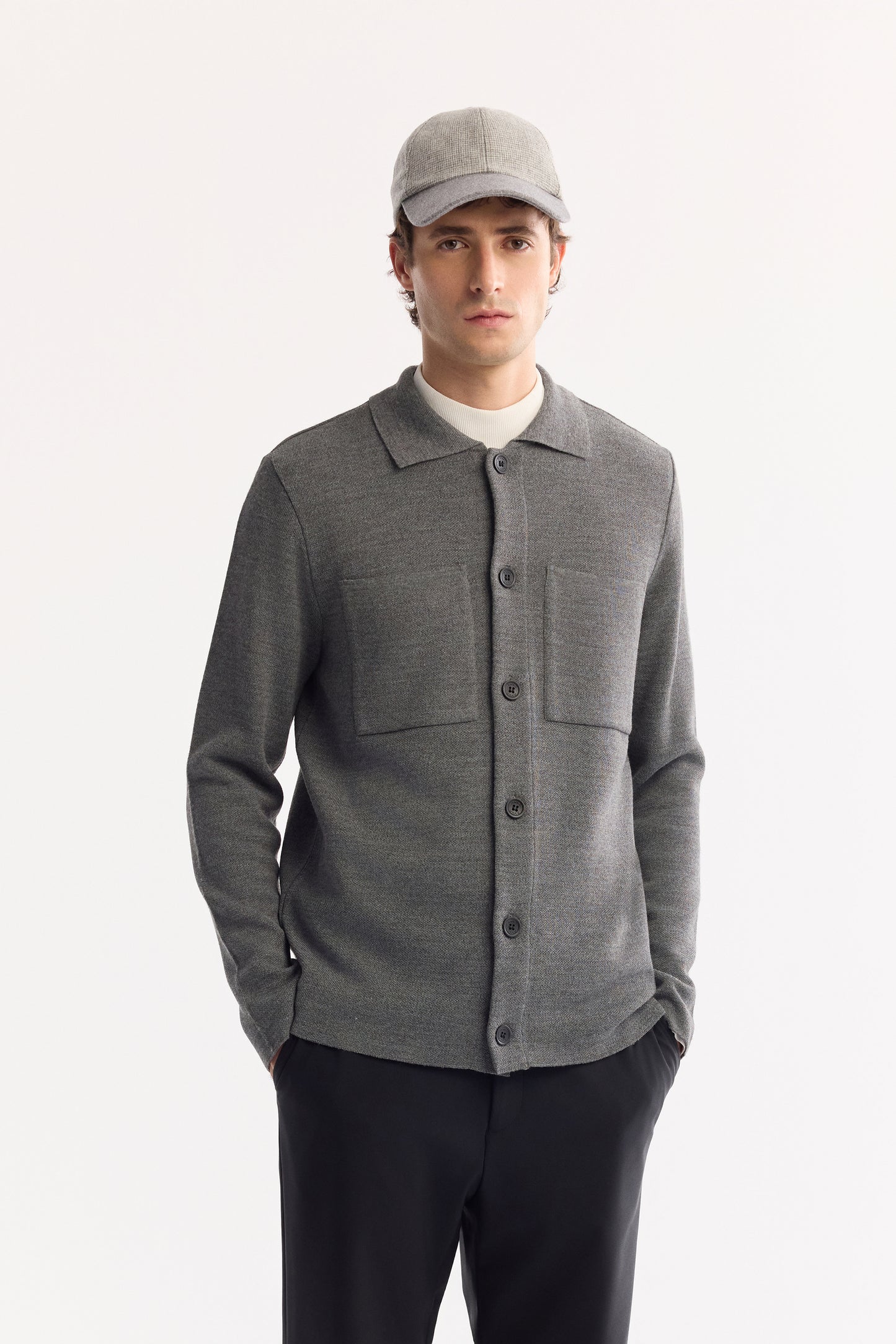 Gri Polo Yaka Tam Boy Düğmeli Düz Yün/akrilik Iplik Hırka