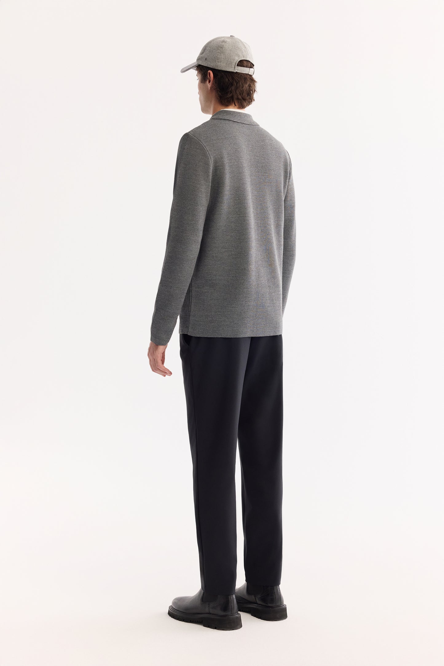 Gri Polo Yaka Tam Boy Düğmeli Düz Yün/akrilik Iplik Hırka