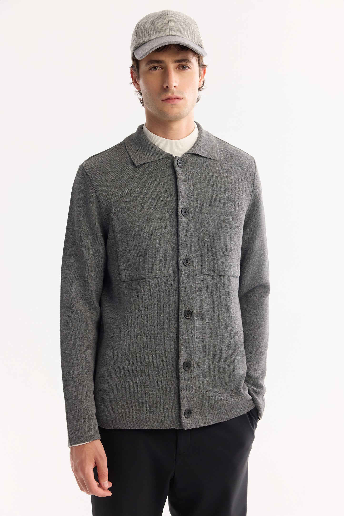 Gri Polo Yaka Tam Boy Düğmeli Düz Yün/akrilik Iplik Hırka