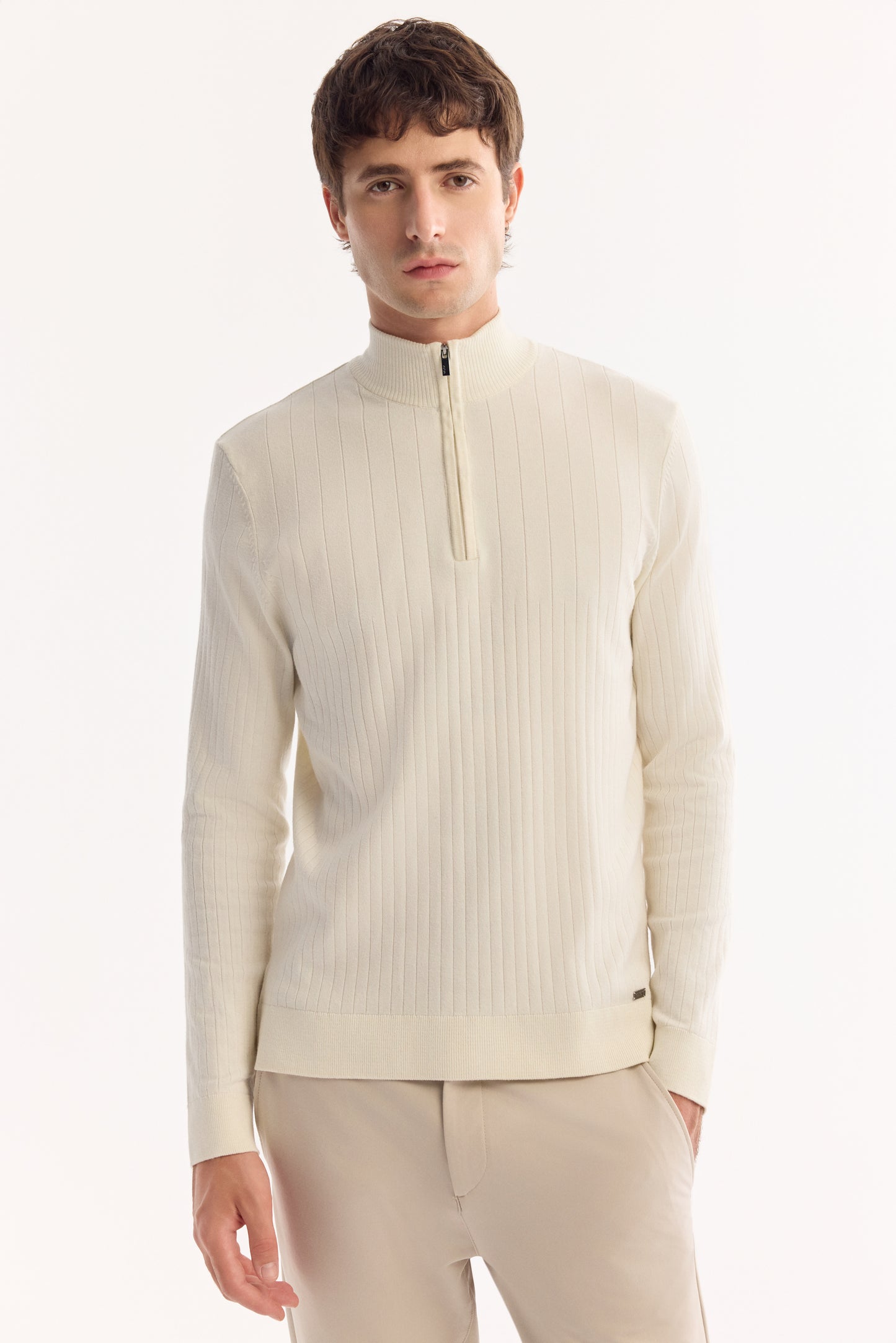 Ekru Fermuarlı Dik Yaka Desenli Olimpus Iplik Kazak