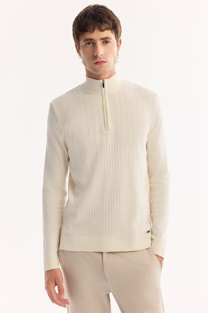 Ekru Fermuarlı Dik Yaka Desenli Olimpus Iplik Kazak