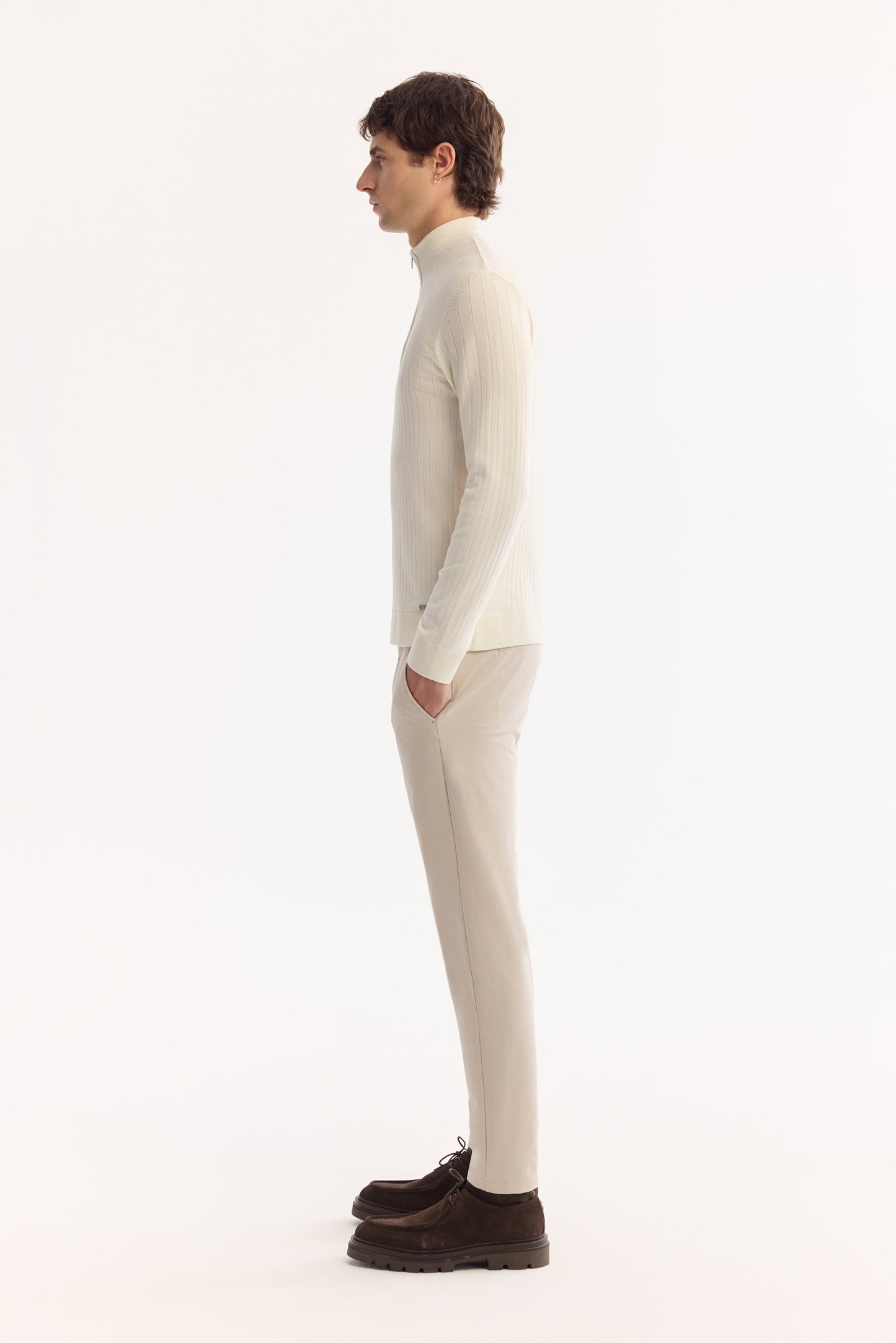 Ekru Fermuarlı Dik Yaka Desenli Olimpus Iplik Kazak