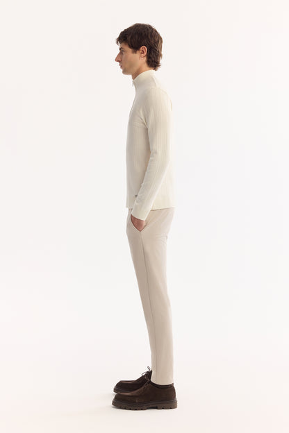 Ekru Fermuarlı Dik Yaka Desenli Olimpus Iplik Kazak