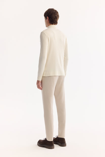 Ekru Fermuarlı Dik Yaka Desenli Olimpus Iplik Kazak