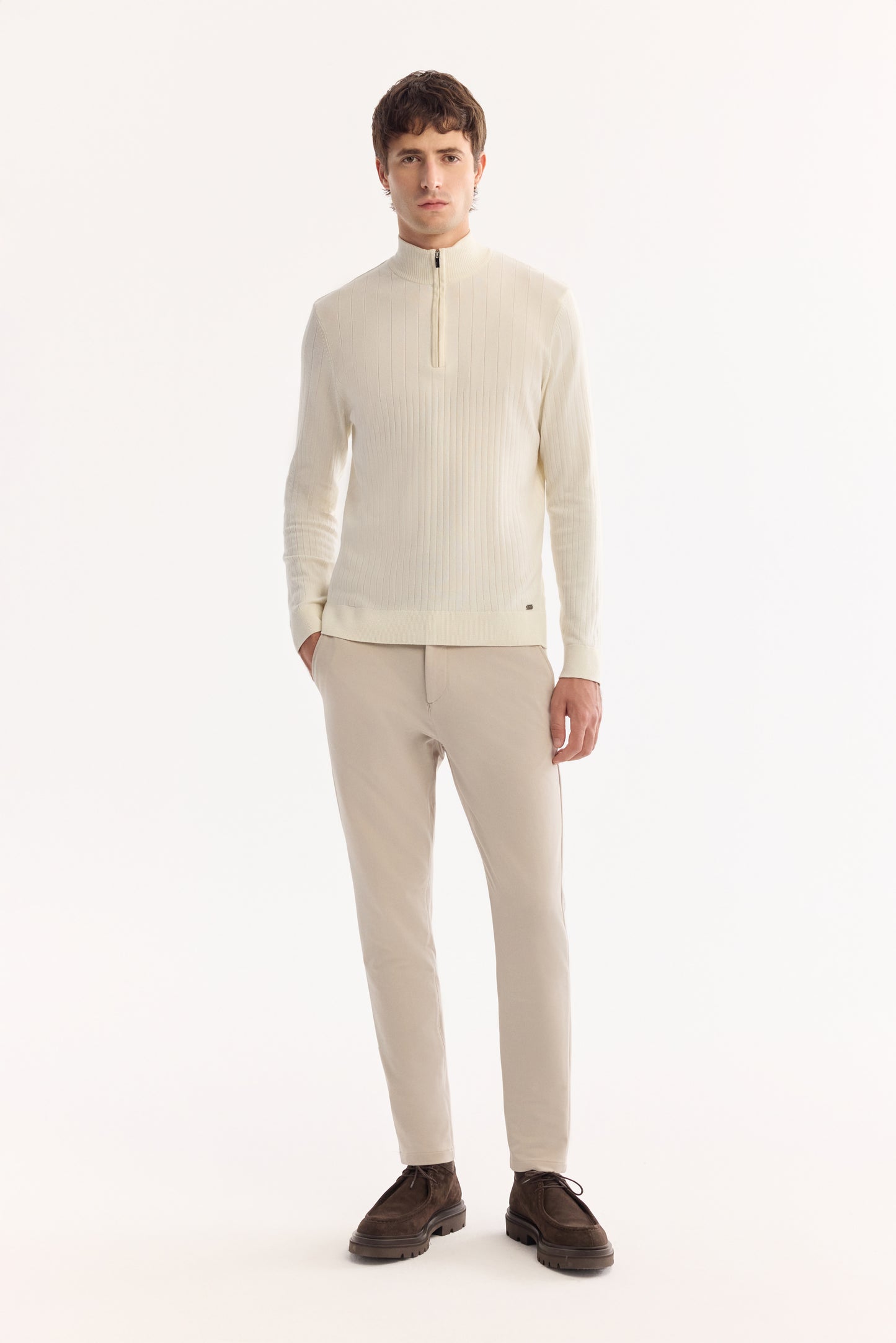 Ekru Fermuarlı Dik Yaka Desenli Olimpus Iplik Kazak