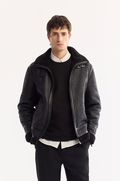 Siyah Dik Yaka Düz Napa Kumaş Mont