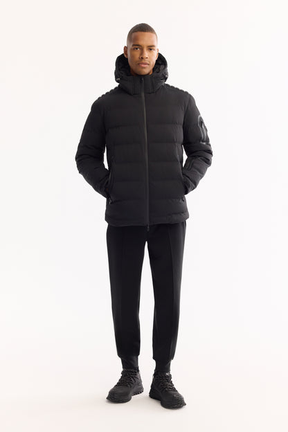 Siyah Takma Çıkma Kapüşonlu Düz Poliamid-elastan Kumaş Mont