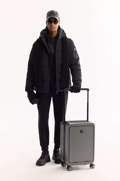 Siyah Takma Çıkma Kapüşonlu Düz Poliamid-elastan Kumaş Mont