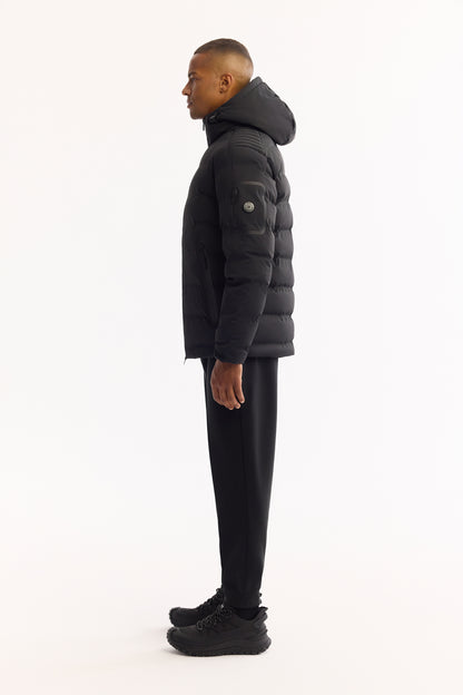 Siyah Takma Çıkma Kapüşonlu Düz Poliamid-elastan Kumaş Mont