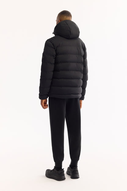 Siyah Takma Çıkma Kapüşonlu Düz Poliamid-elastan Kumaş Mont