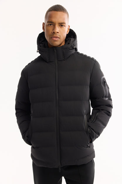 Siyah Takma Çıkma Kapüşonlu Düz Poliamid-elastan Kumaş Mont