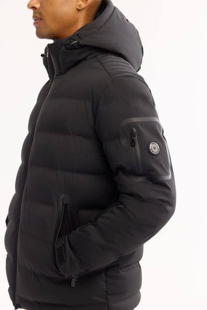 Siyah Takma Çıkma Kapüşonlu Düz Poliamid-elastan Kumaş Mont