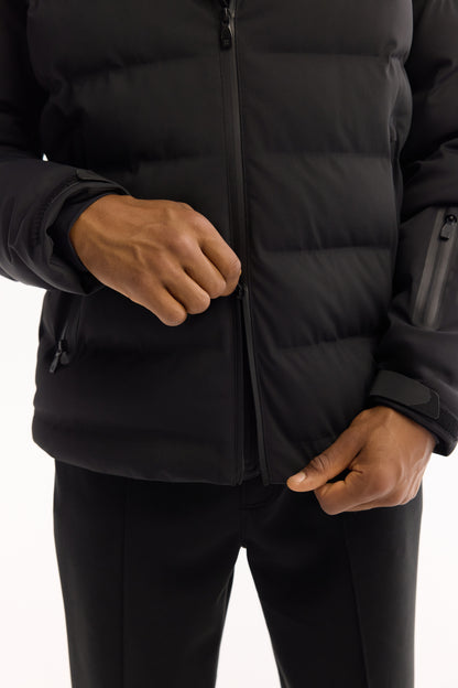 Siyah Takma Çıkma Kapüşonlu Düz Poliamid-elastan Kumaş Mont