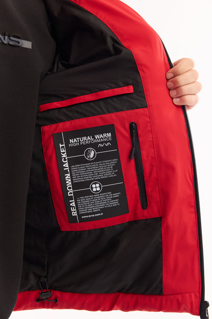 Kırmızı Takma Çıkma Kapüşonlu Düz Poliamid-elastan Kumaş Mont