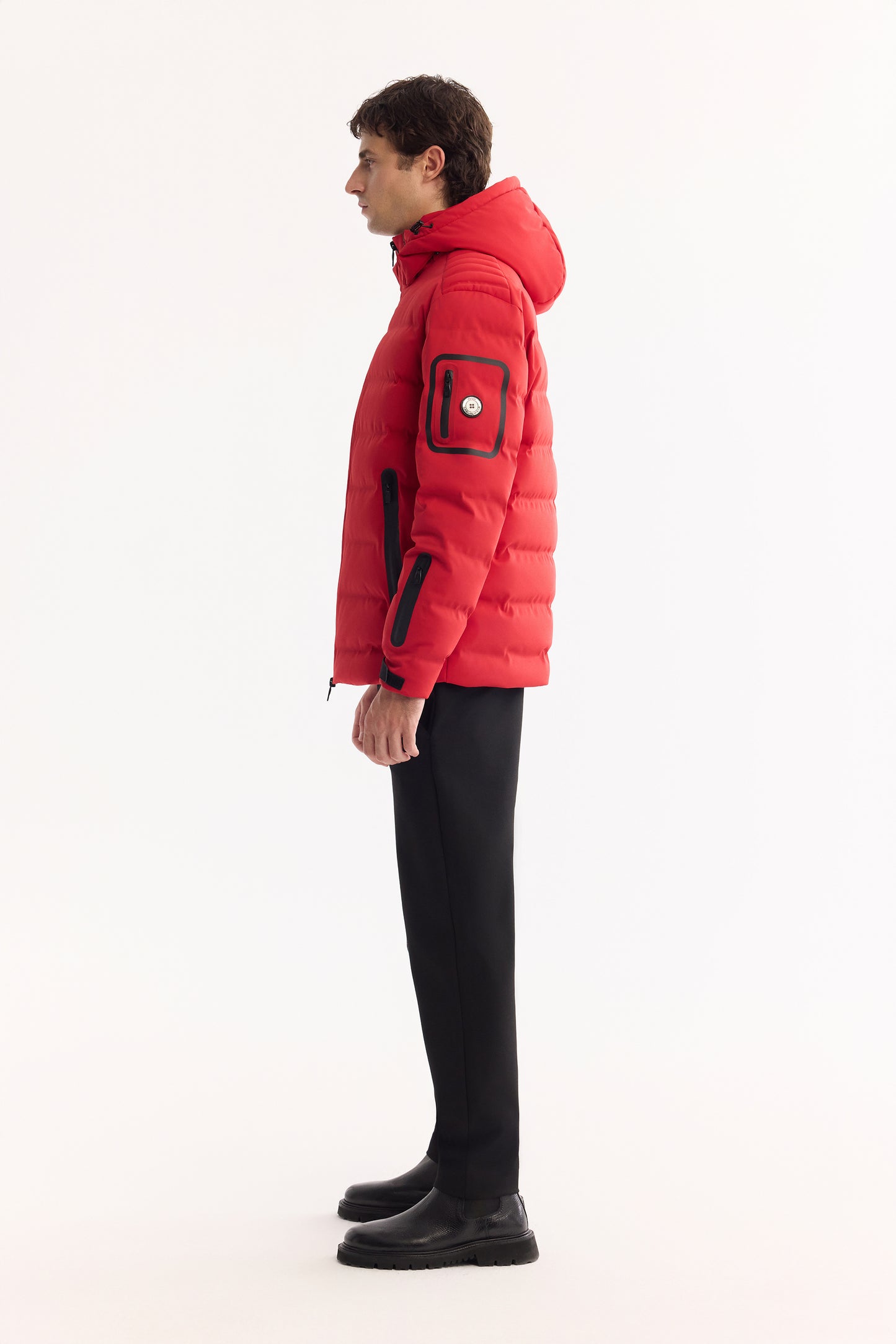 Kırmızı Takma Çıkma Kapüşonlu Düz Poliamid-elastan Kumaş Mont