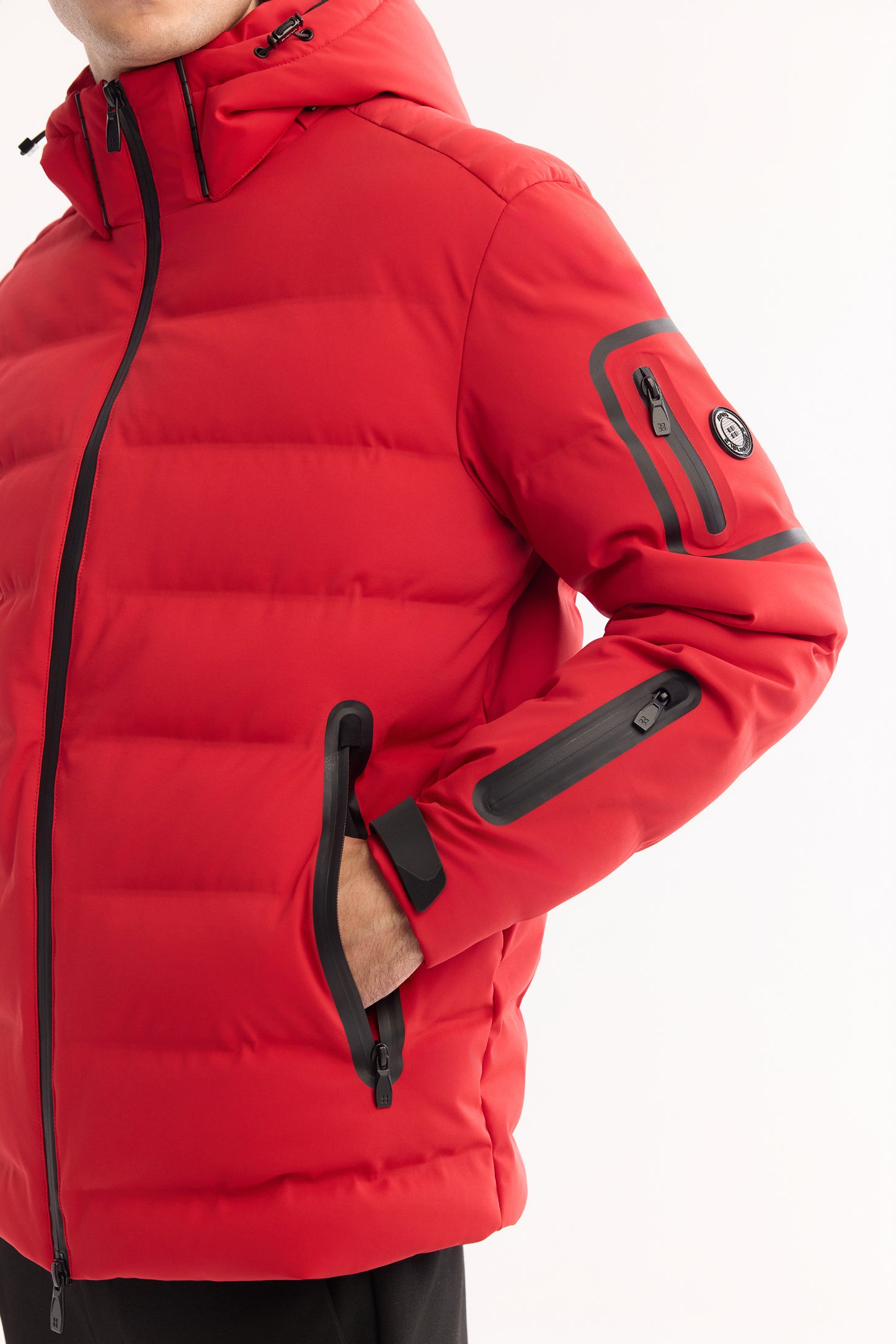 Kırmızı Takma Çıkma Kapüşonlu Düz Poliamid-elastan Kumaş Mont