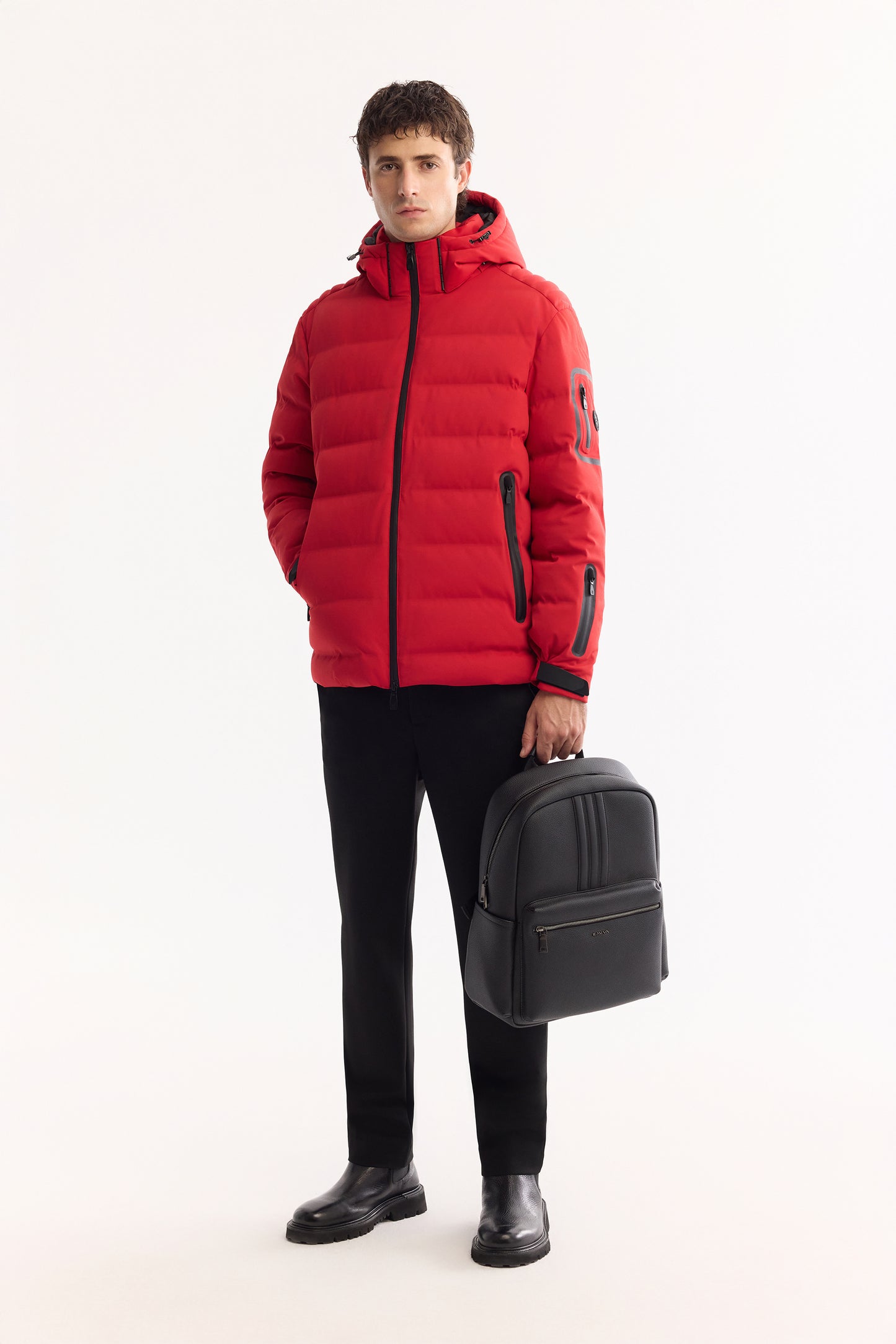 Kırmızı Takma Çıkma Kapüşonlu Düz Poliamid-elastan Kumaş Mont