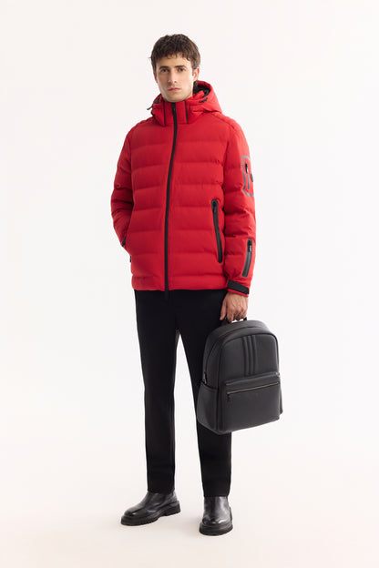 Kırmızı Takma Çıkma Kapüşonlu Düz Poliamid-elastan Kumaş Mont