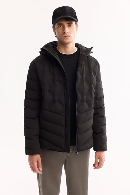 Siyah Kapüşonlu Yaka Kapitone Polyester Kumaş Mont