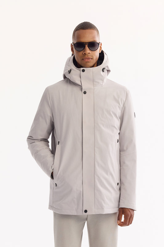 Açık Gri Kapüşonlu Yaka Düz Polyester Kumaş Mont