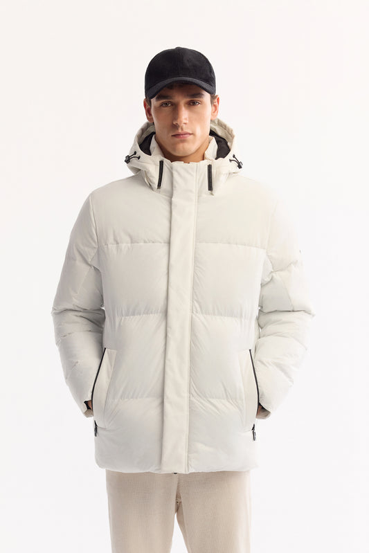 Beyaz Takma Çıkma Kapüşonlu Düz Poliamid Kumaş Mont